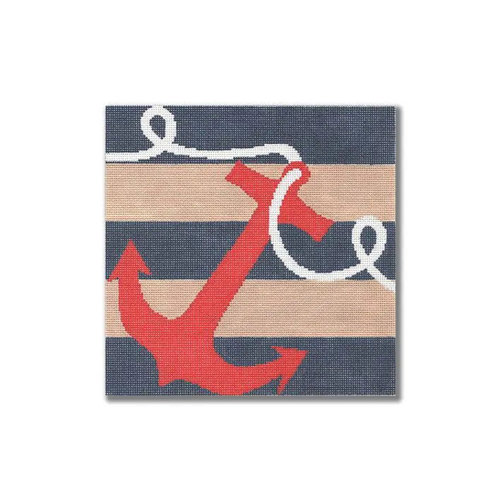 Cecilia Ohm Eriksen's anchor on a blue and red striped canvas.