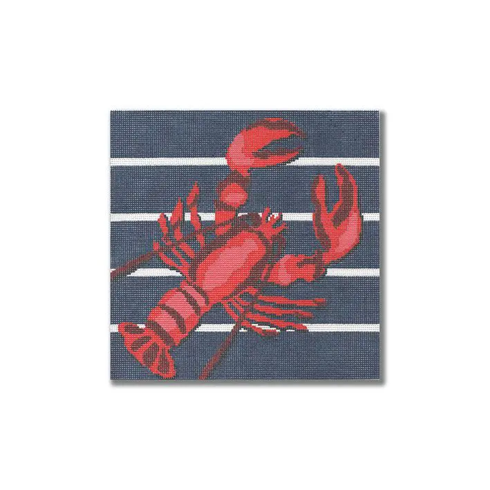 A red lobster on a blue and white striped canvas, created by Cecilia Ohm Eriksen.