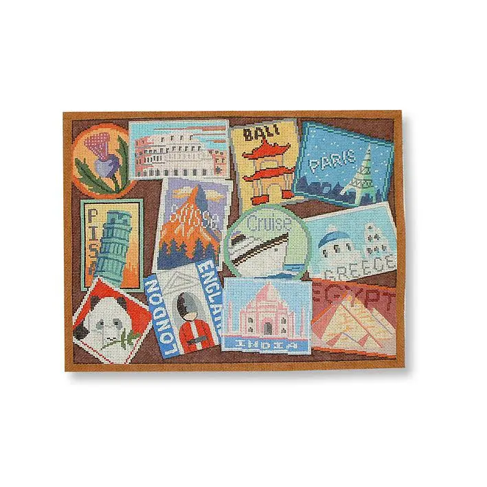 A wooden board with a variety of stamps on it.