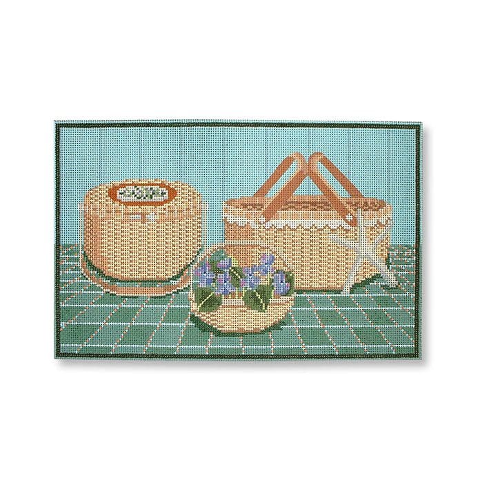 A rug with baskets and flowers on it.