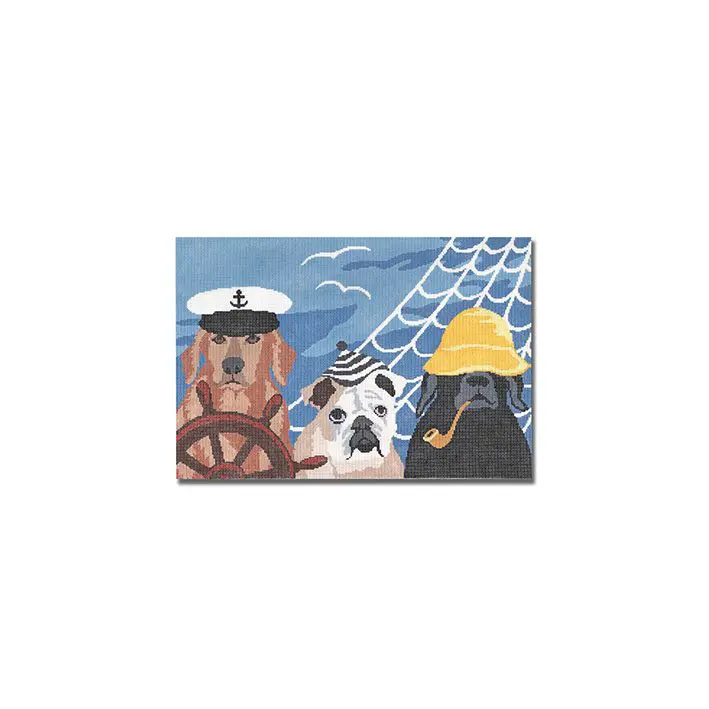 Three dogs on a boat with a sailor hat, accompanied by Cecilia and Ohm.