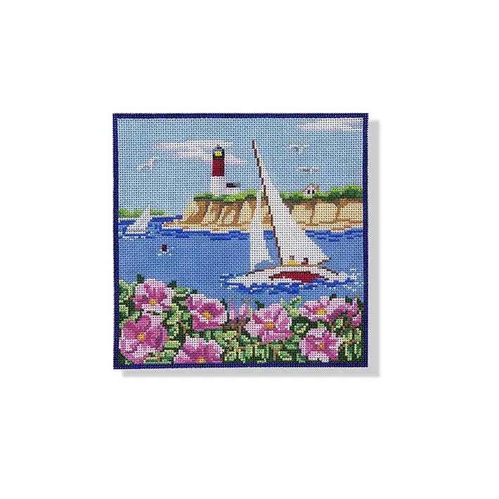 A picture of a sailboat and flowers on a wall.