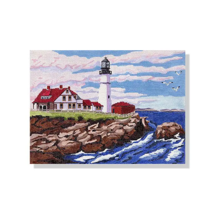 A painting of a lighthouse on the coast.