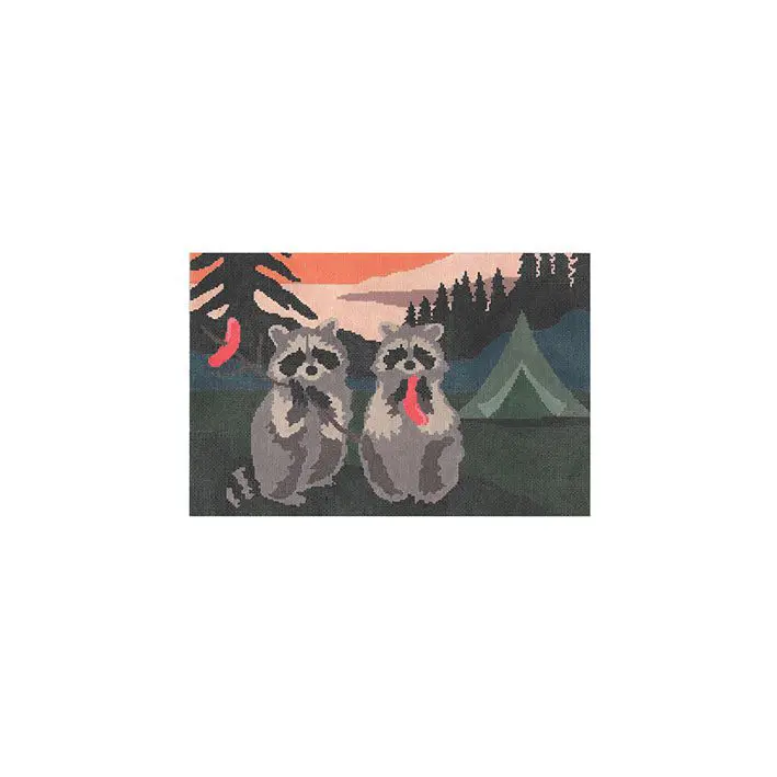 Two raccoons in front of a tent, captivated by the presence of Cecilia Ohm.