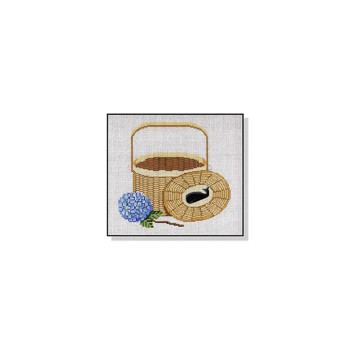 A cross stitch pattern of a basket with hydrangeas and blue flowers.
