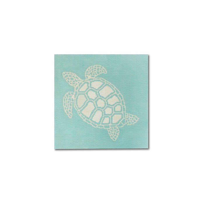 A white turtle on a turquoise background in Cecilia Ohm Eriksen's artwork.