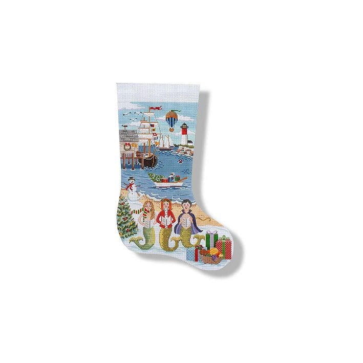 A christmas stocking with a painting of mermaids.