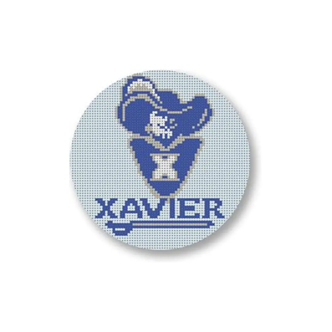 A blue and white logo with the word Xavier on it designed by Cecilia
