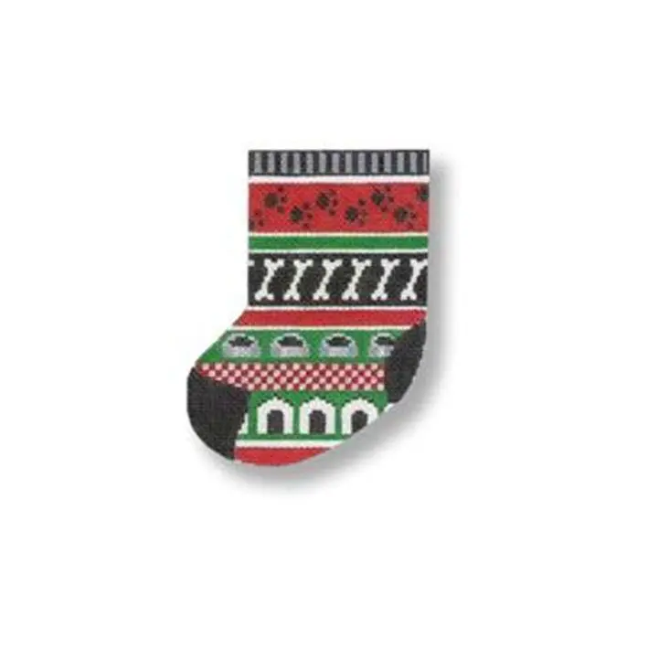A christmas stocking with a red, green, and black pattern.