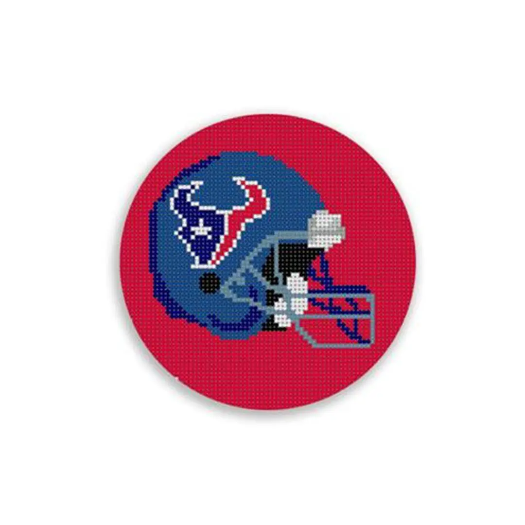 A Houston Texans cross stitch pattern on a red background featuring Cecilia.
