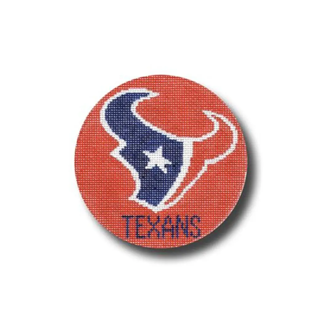 The houston texans logo, designed by Cecilia Ohm Eriksen, is shown on a button.