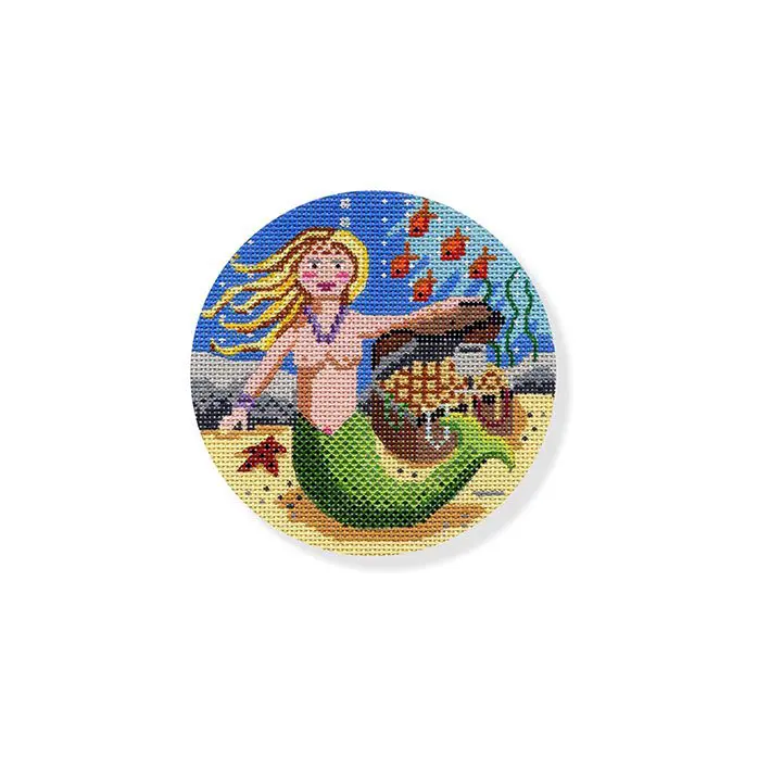A mermaid with a treasure chest on a round plate.