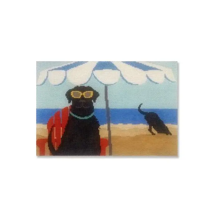 A painting of a black lab with sunglasses sitting on a beach chair, created by Cecilia Eriksen.
