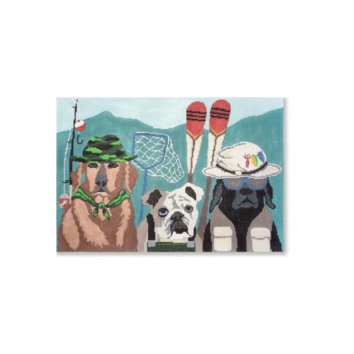 Three dogs wearing hats and skis on a canvas by Cecilia Ohm Eriksen.