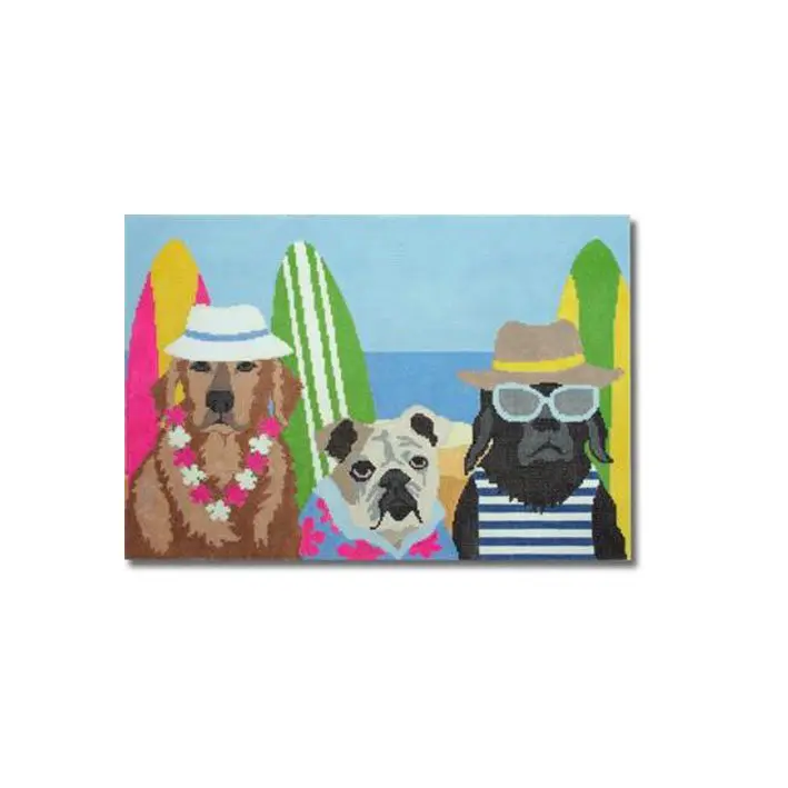 Three dogs wearing hats and surfboards painted on a canvas by Cecilia Ohm Eriksen.