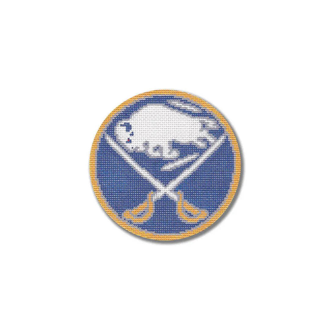 The buffalo sabres logo on a blue background featuring Cecilia Ohm.