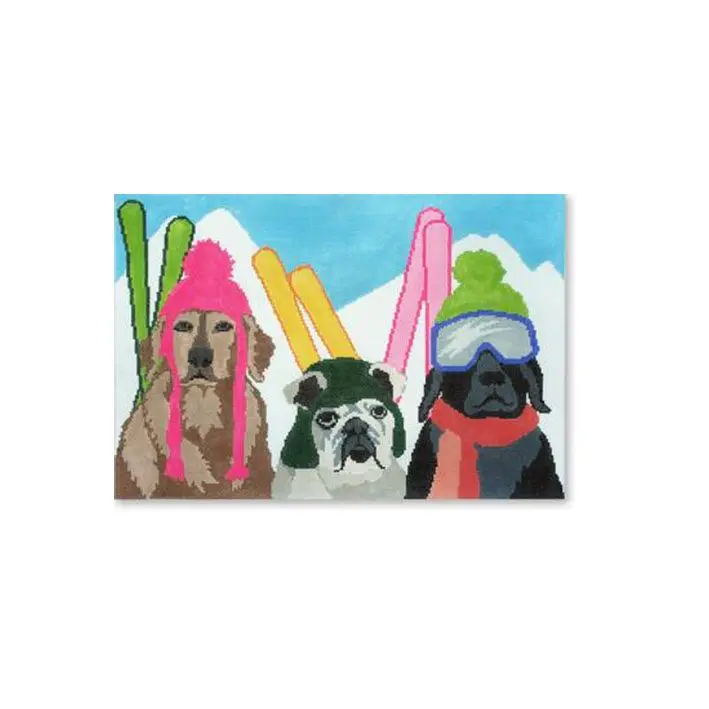 Three dogs with skis and hats on a canvas created by Cecilia Ohm.