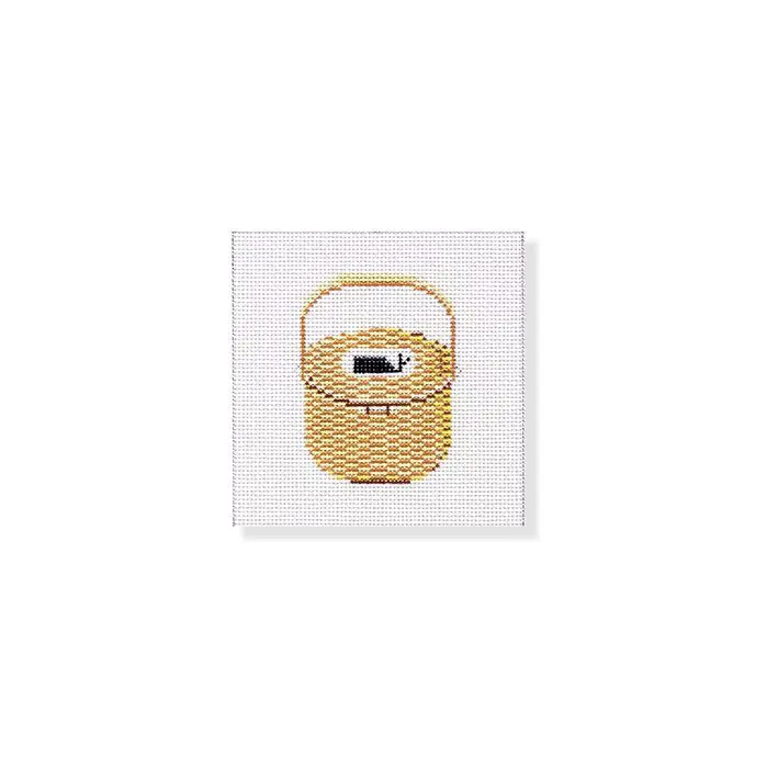 A cross stitch picture of a basket on a white background.