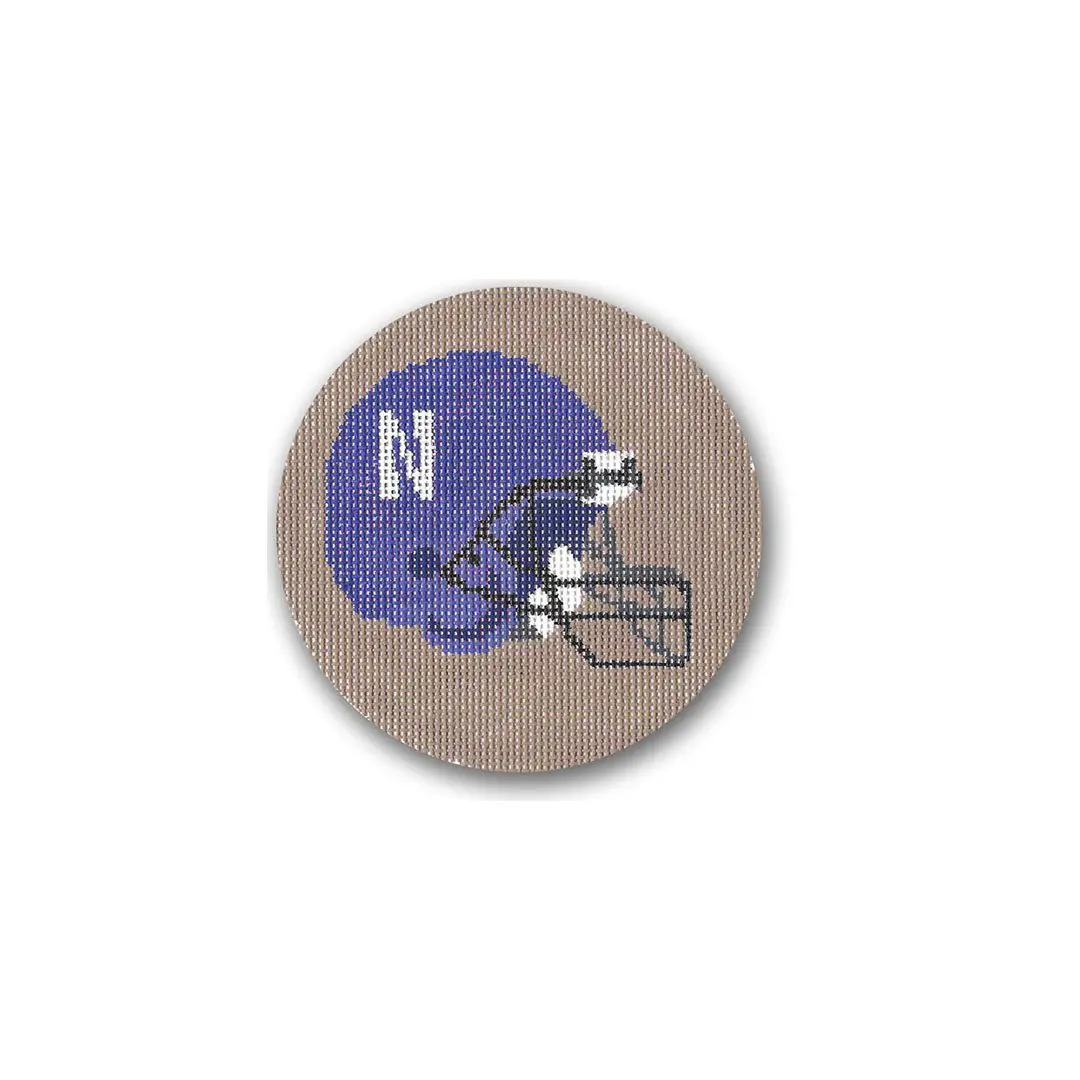 A round coaster with an image of a football helmet featuring Cecilia Ohm Eriksen.