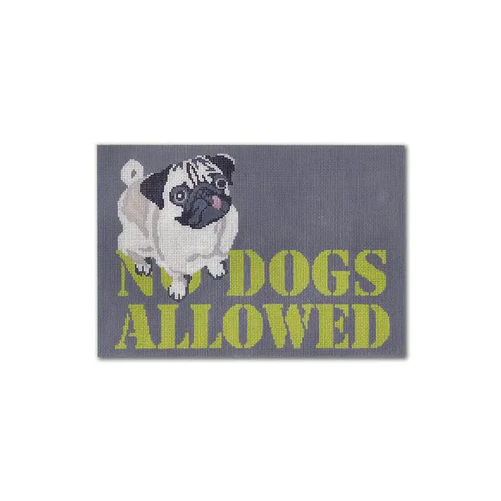 A pug dog with the words no dogs allowed on it, owned by Cecilia.