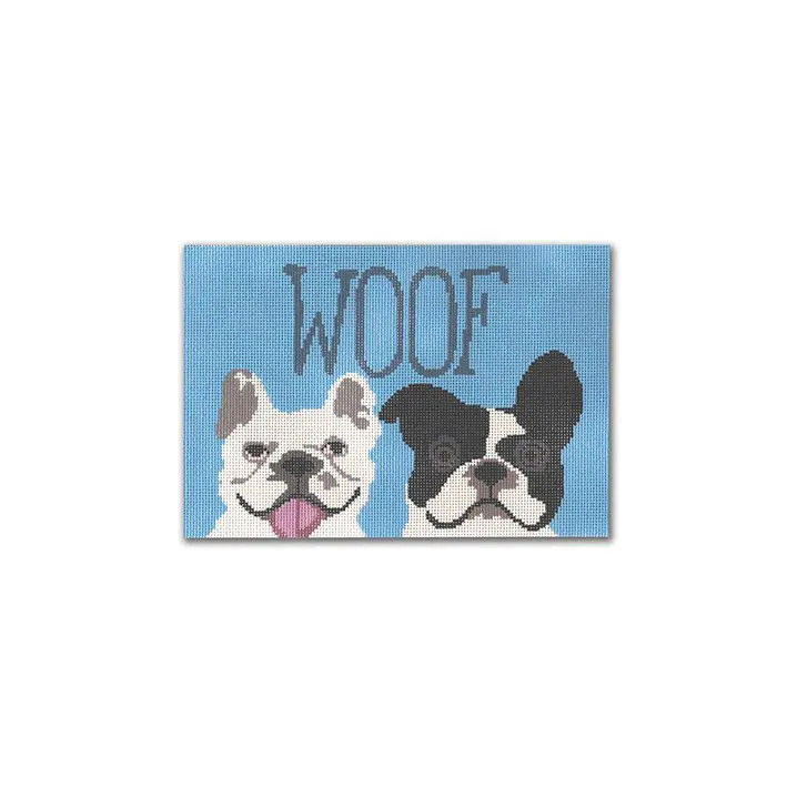 Two french bulldogs with the word woof on a blue background, created by Cecilia.
