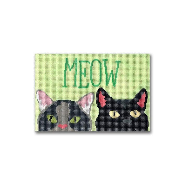 Two cats, Cecilia and Ohm, with the word meow on a green background.