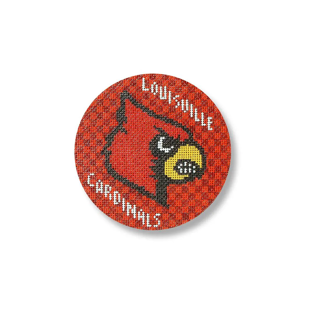 The Louisville Cardinals logo, designed by Cecilia, is shown on a vibrant red button.