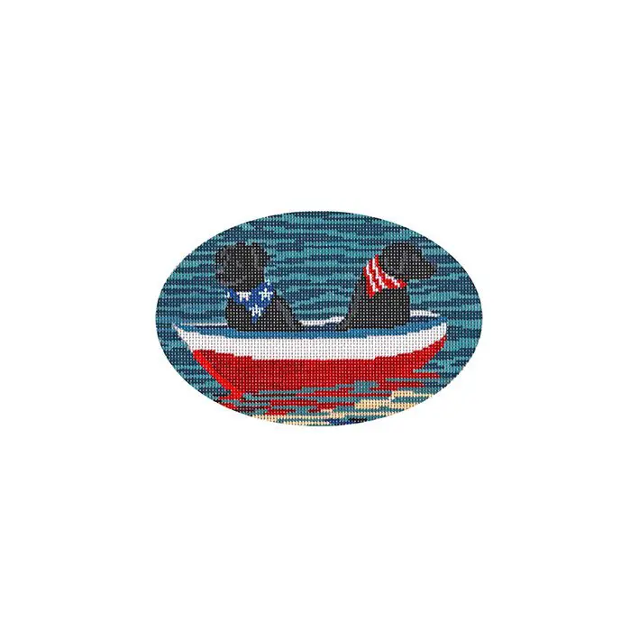 Two black dogs in a boat on a red and white background.
