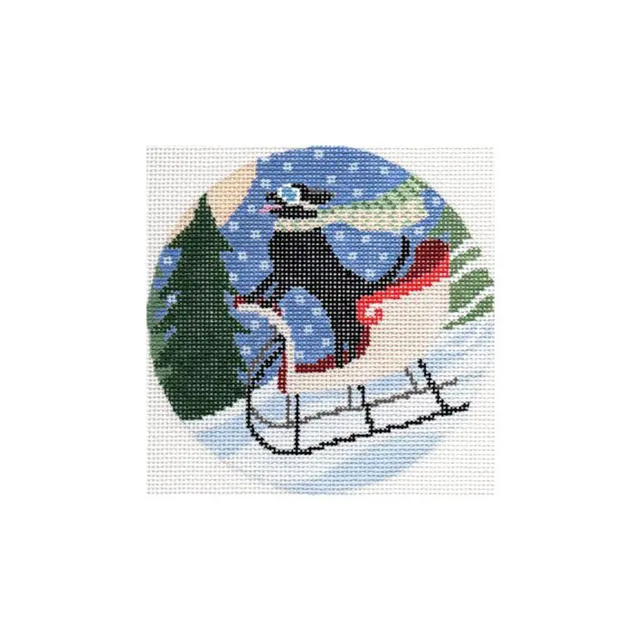 A cross stitch picture of a dog on a sled by Cecilia Ohm.
