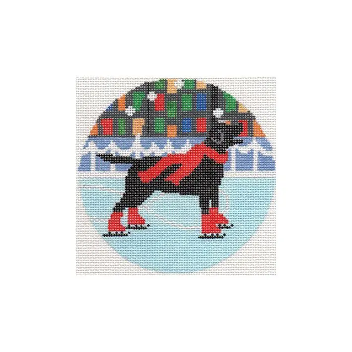 A black labrador dog named Cecilia gracefully glides across the ice skating rink, showcasing Eriksen-like elegance.
