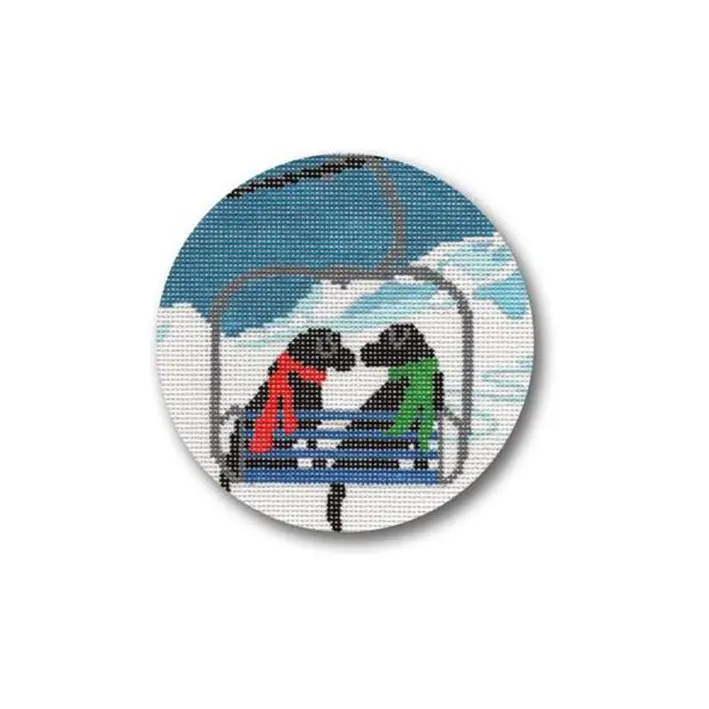 Cecilia Ohm Eriksen creates a charming cross stitch picture featuring two dogs on a ski lift.