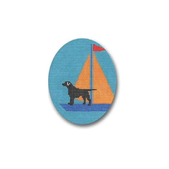 A dog in a sailboat on a blue background, captured by Cecilia Ohm Eriksen.