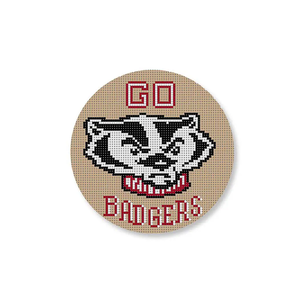 A badgers cross stitch button with the word go on it, designed by Cecilia.
