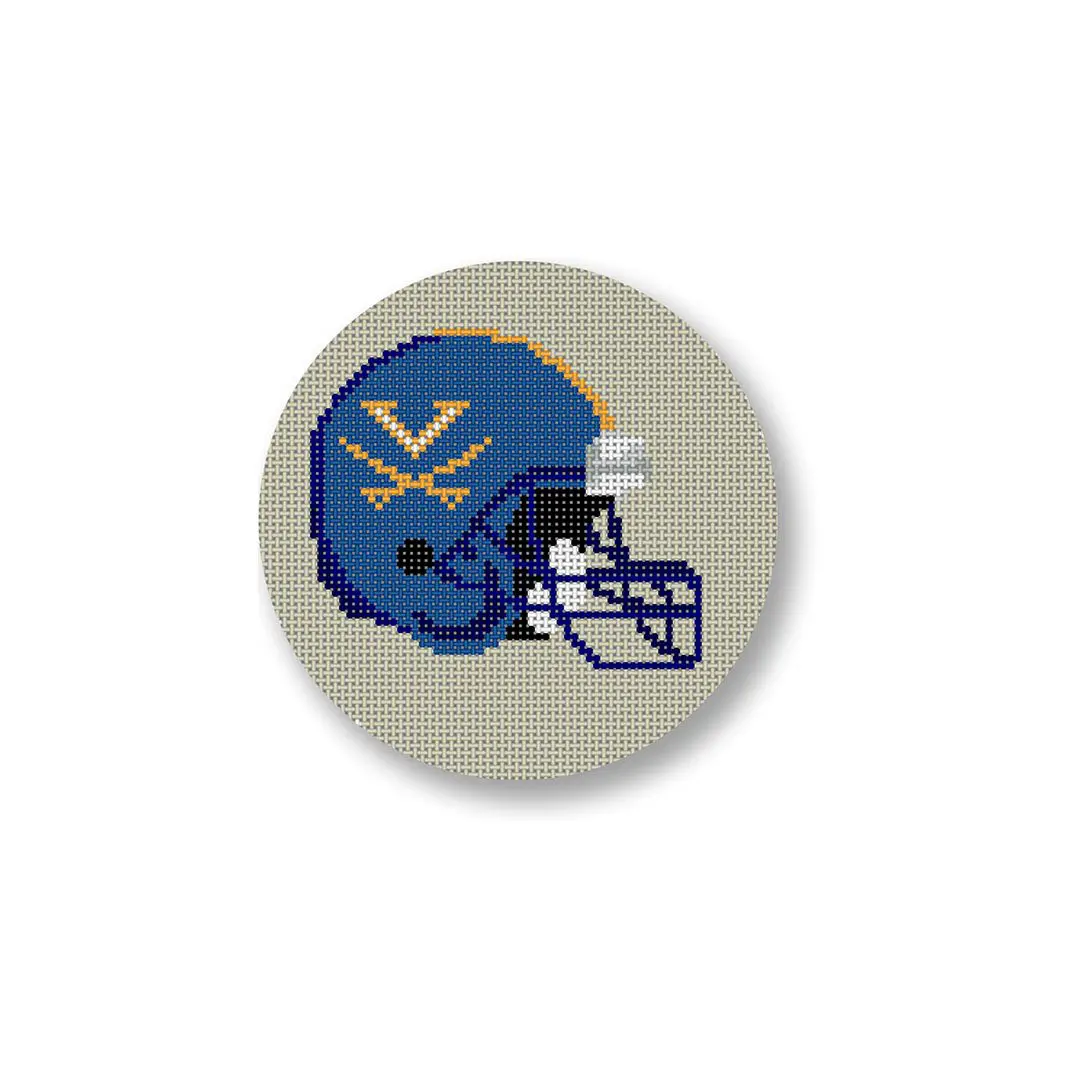 A cross stitch image of a football helmet created by Cecilia Ohm Eriksen.