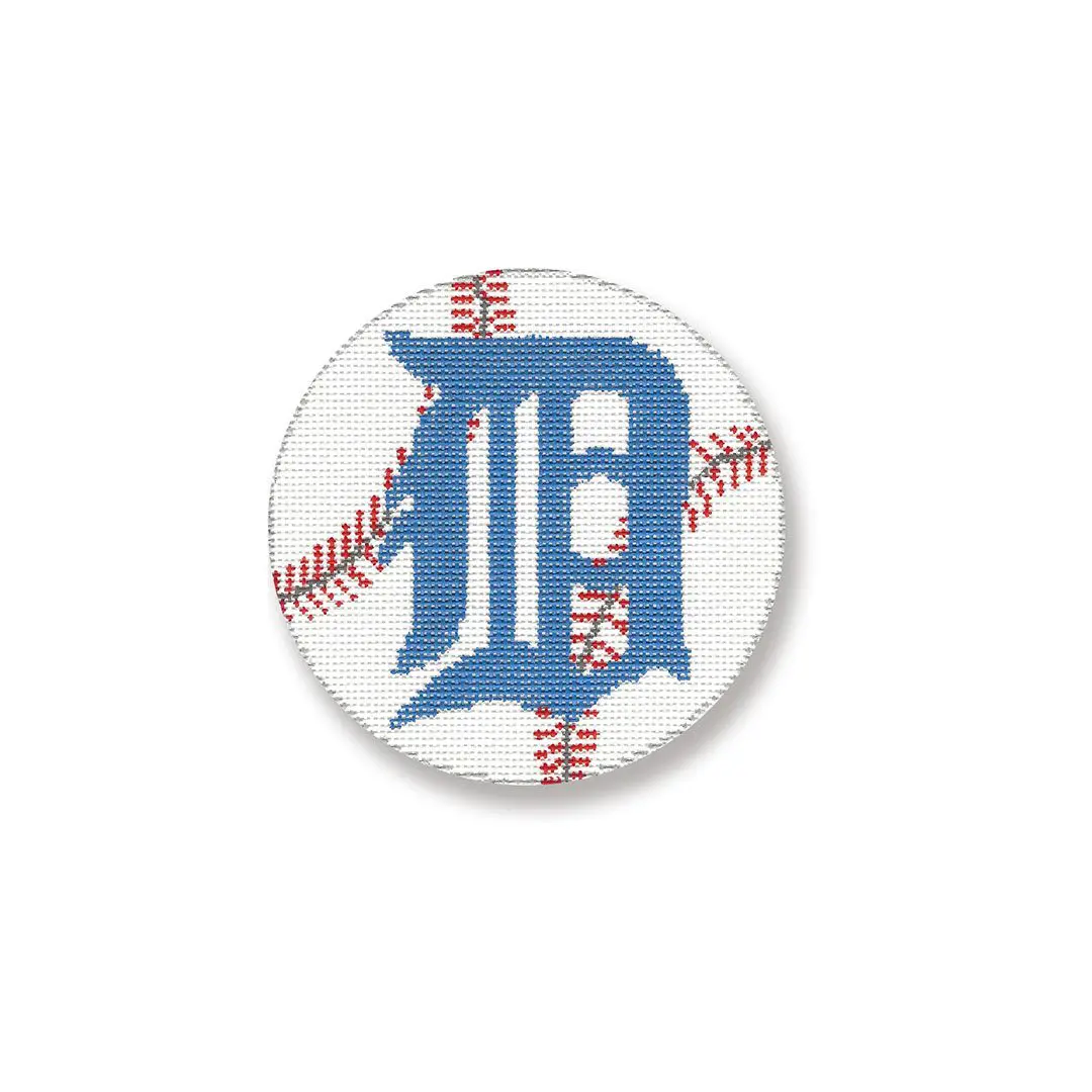 The Detroit Tigers logo on a baseball button featuring Cecilia Ohm.