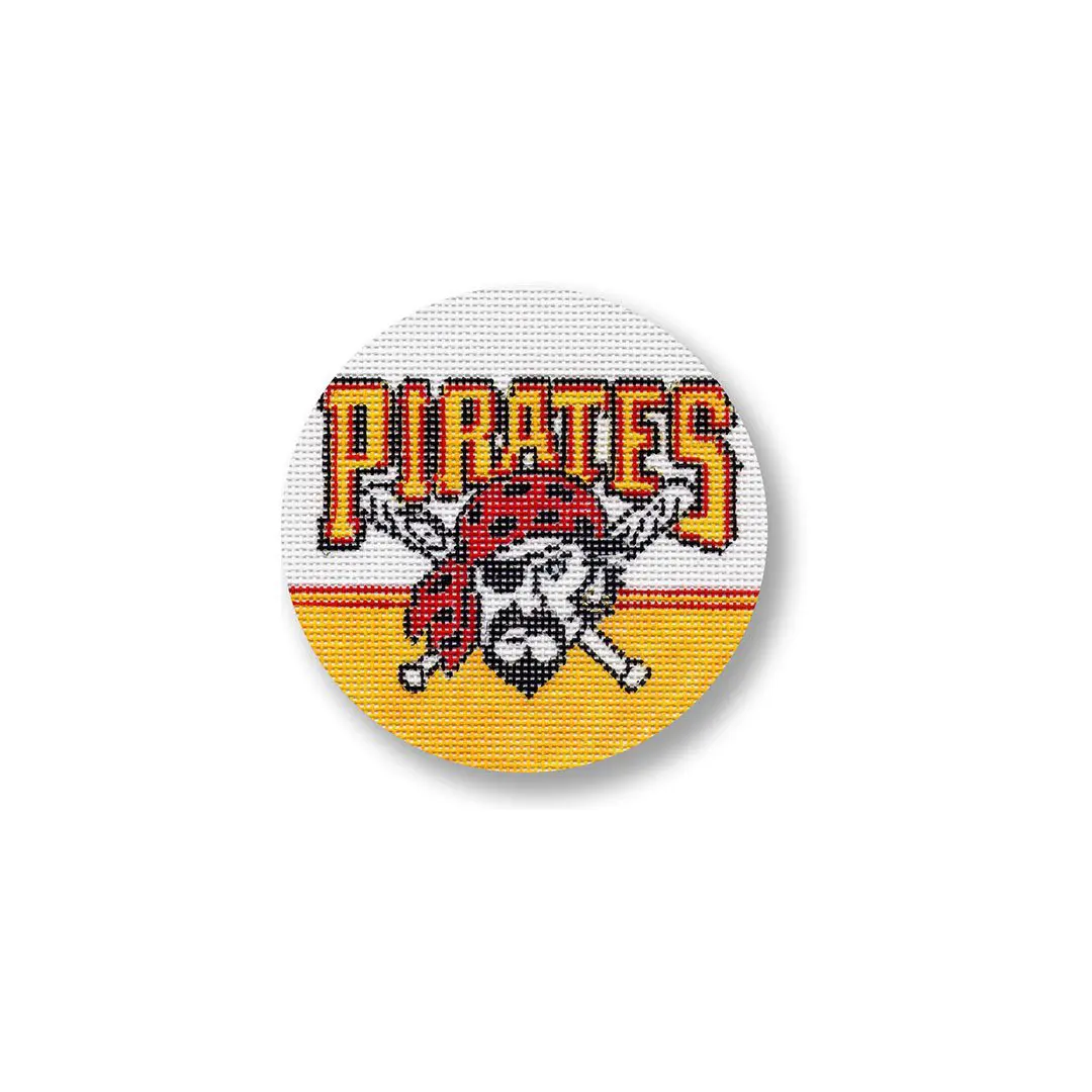 The pittsburgh pirates logo is shown on a yellow and white button.