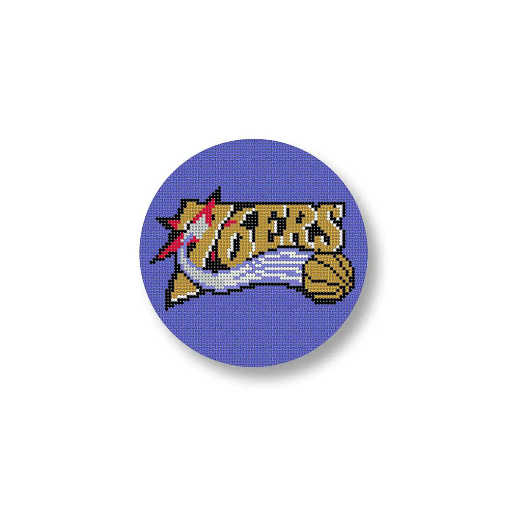 The Philadelphia 76ers logo on a blue button.
