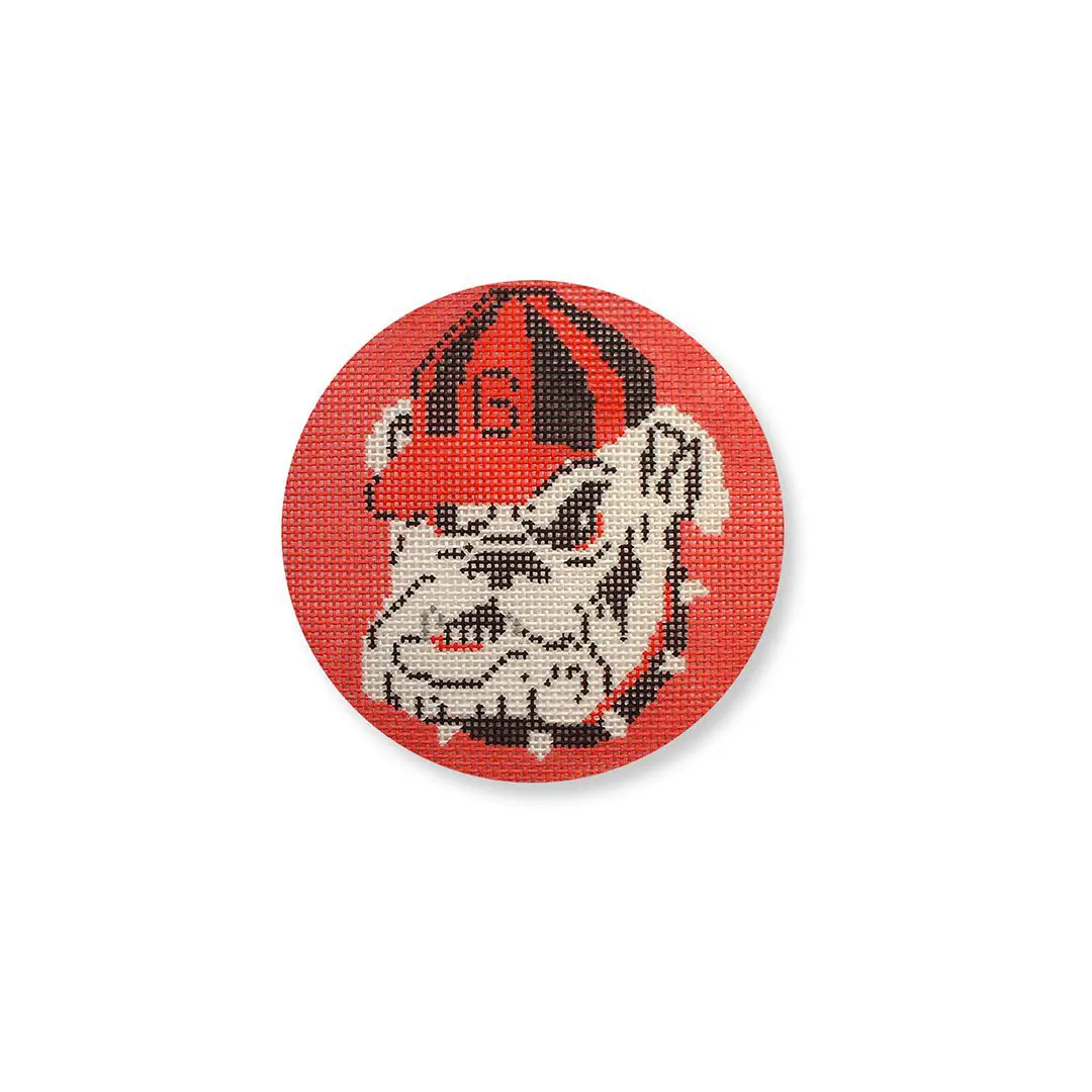 A red button with a bulldog mascot named Cecilia.