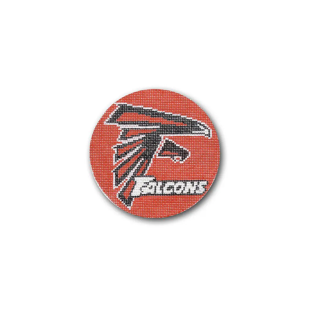 The Atlanta Falcons logo, designed by Cecilia Eriksen, is displayed on a vibrant red background.