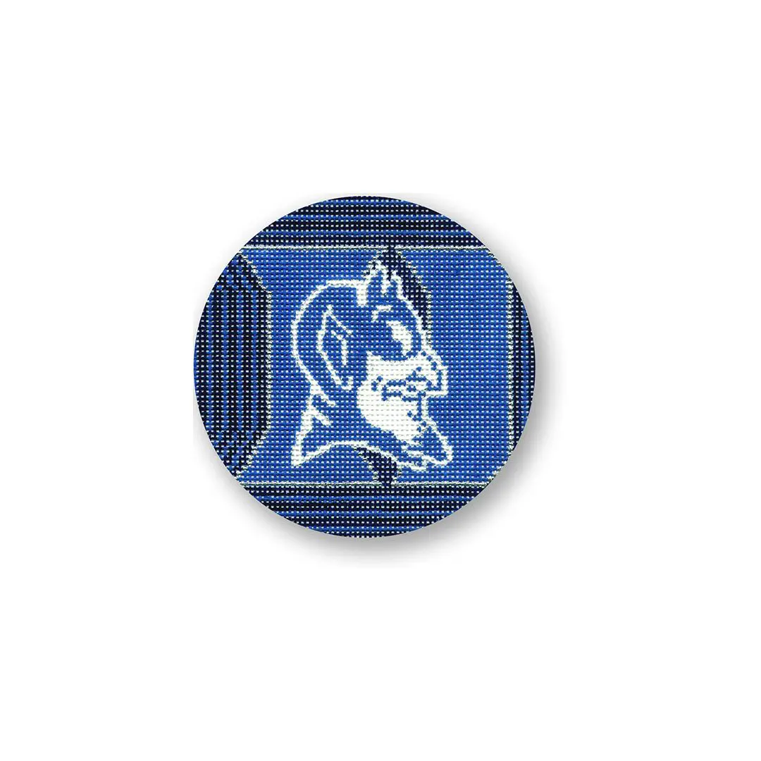 The Duke devils logo, designed by Cecilia Ohm Eriksen, is featured on a blue and white circle.