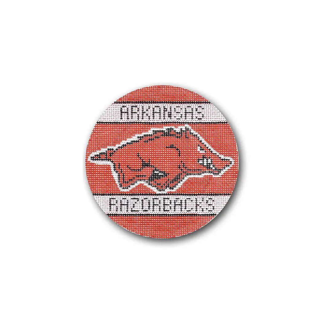 The Arkansas Razorbacks logo on a round button featuring Cecilia Eriksen.