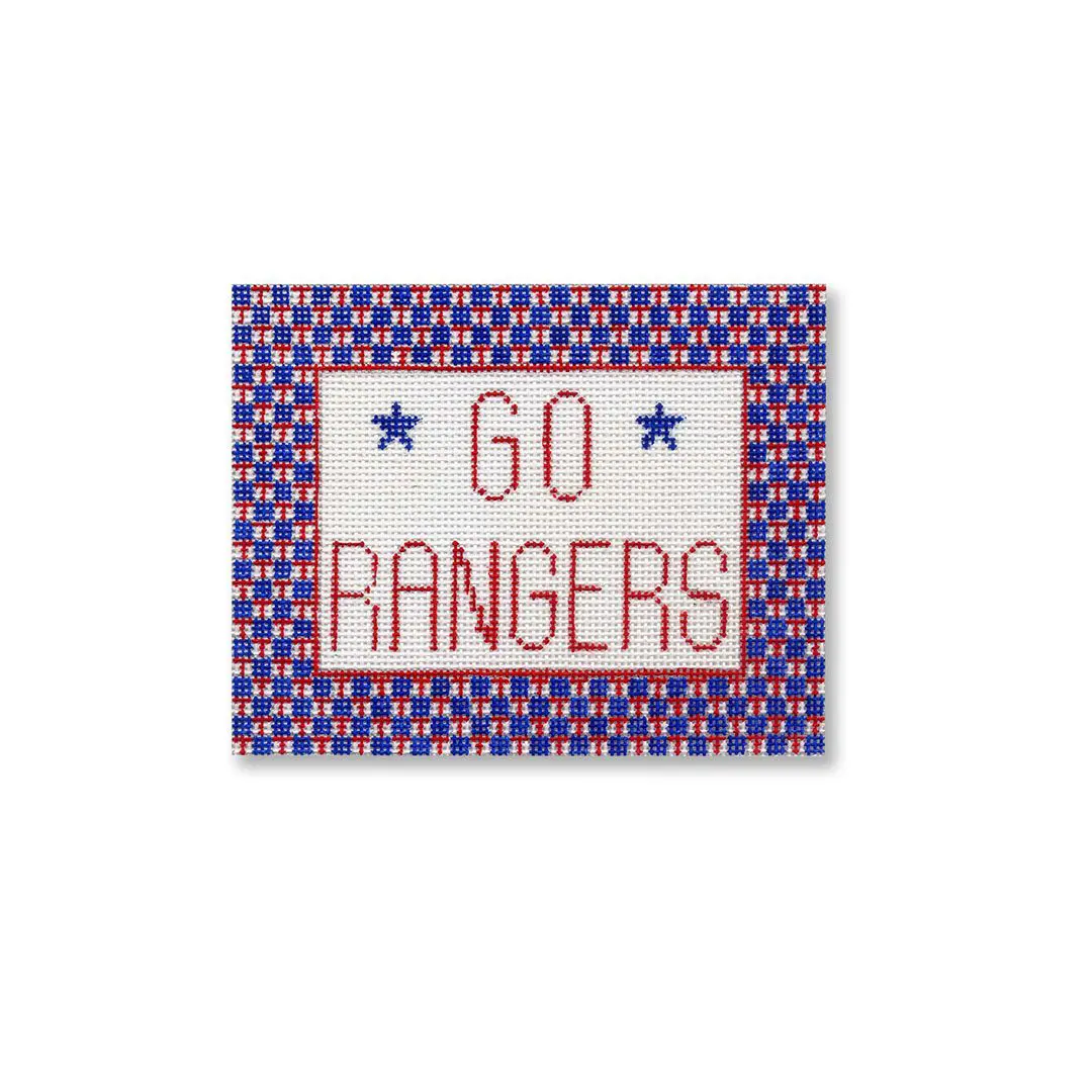 A red, white and blue cross stitch design with the words go rangers by Cecilia Ohm Eriksen.