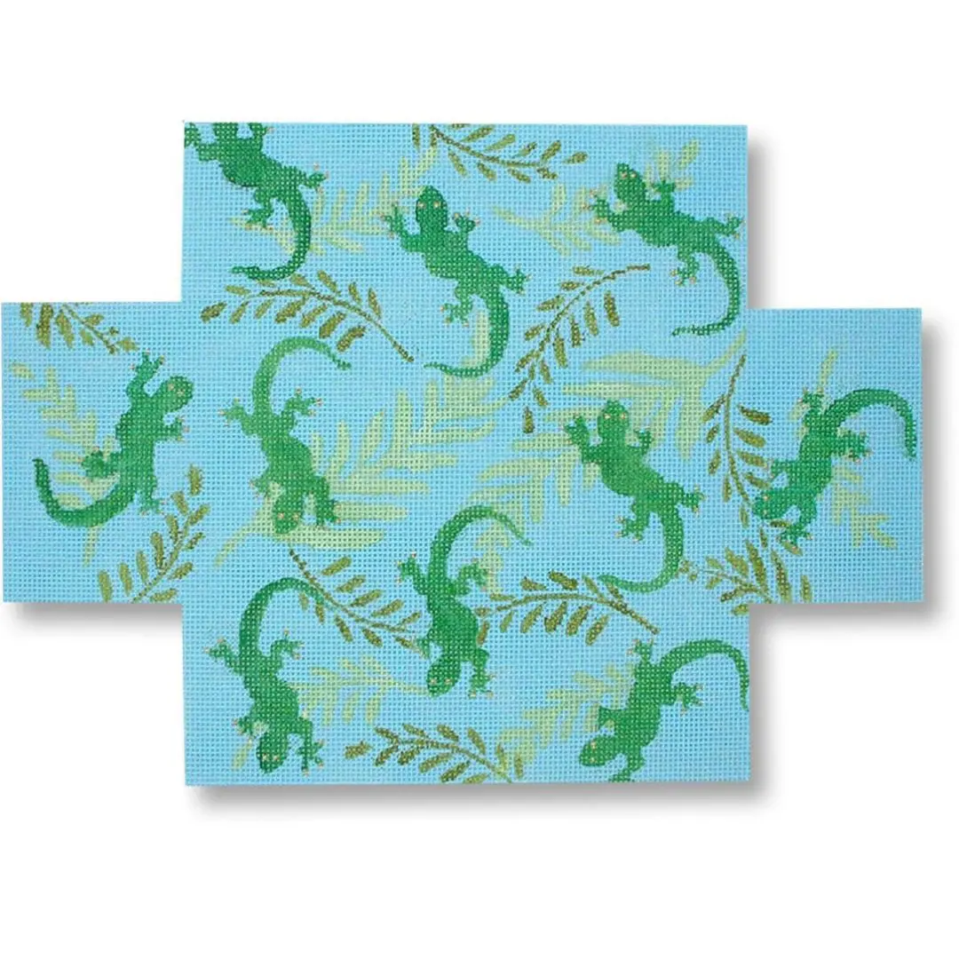 Green lizards on a blue background are elegantly captured in Cecilia Ohm Eriksen's art.