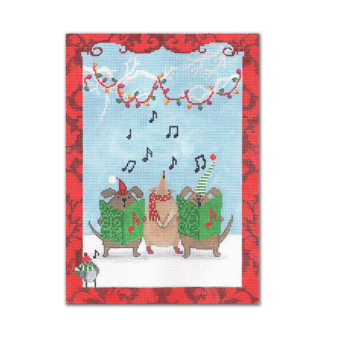 A christmas card featuring Cecilia and Ohm, two adorable dogs, playing festive music.