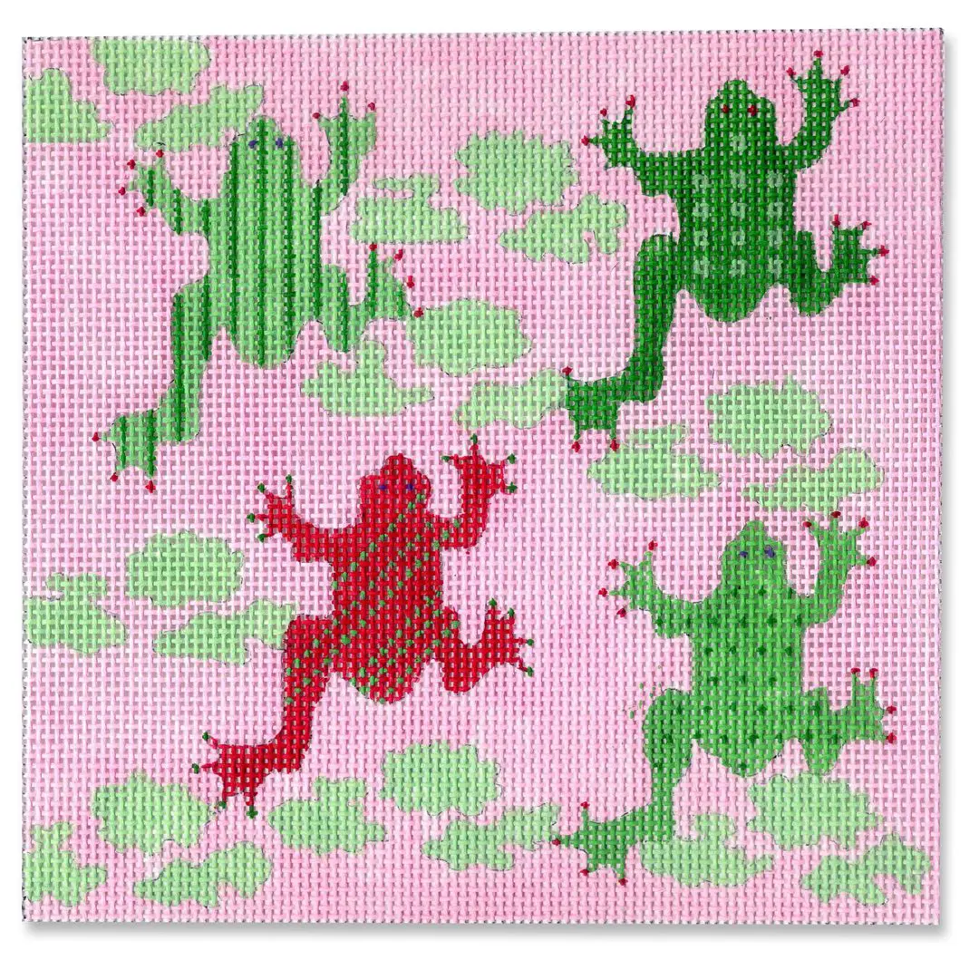Four frogs named Cecilia and Ohm on a pink background.