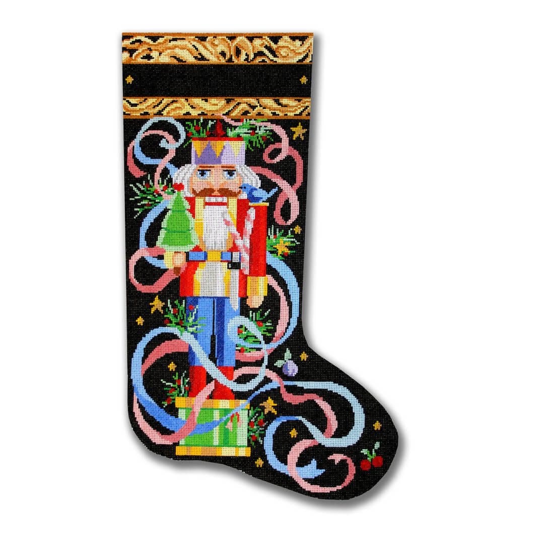 A Christmas stocking with a nutcracker and Cecilia on it.