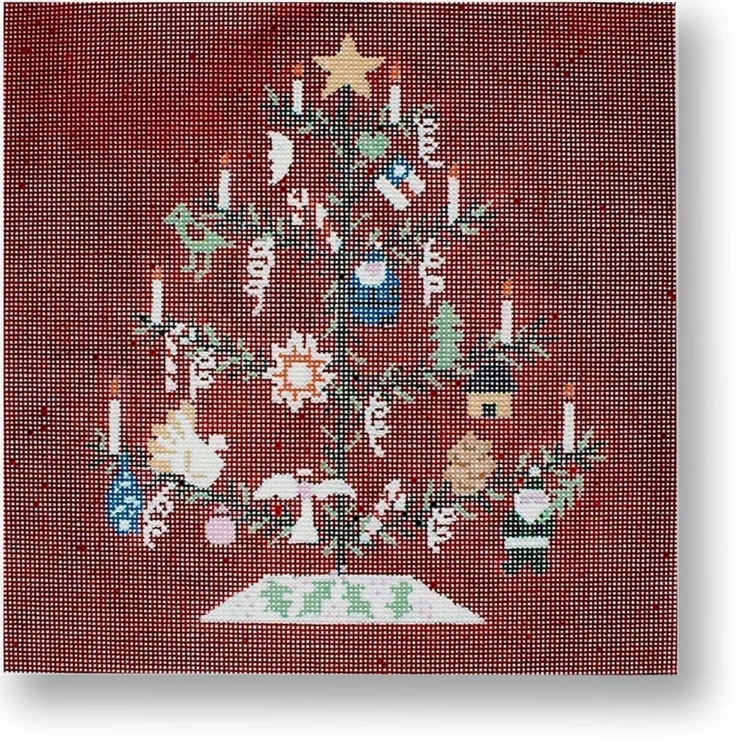 Cecilia Ohm Eriksen creates a cross stitched Christmas tree on a red background.