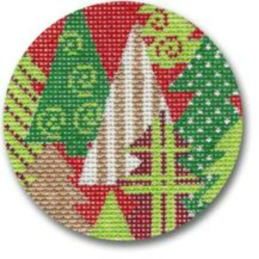 Cecilia Ohm Eriksen designed a cross stitch pattern featuring Christmas trees on a red and green background.