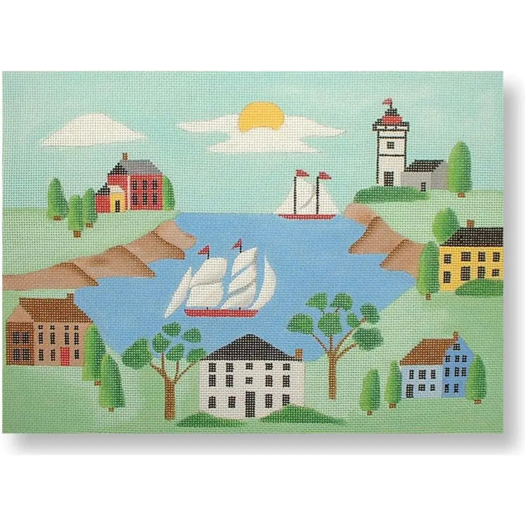 A painting by Cecilia Ohm Eriksen depicting a lighthouse and houses on the water.