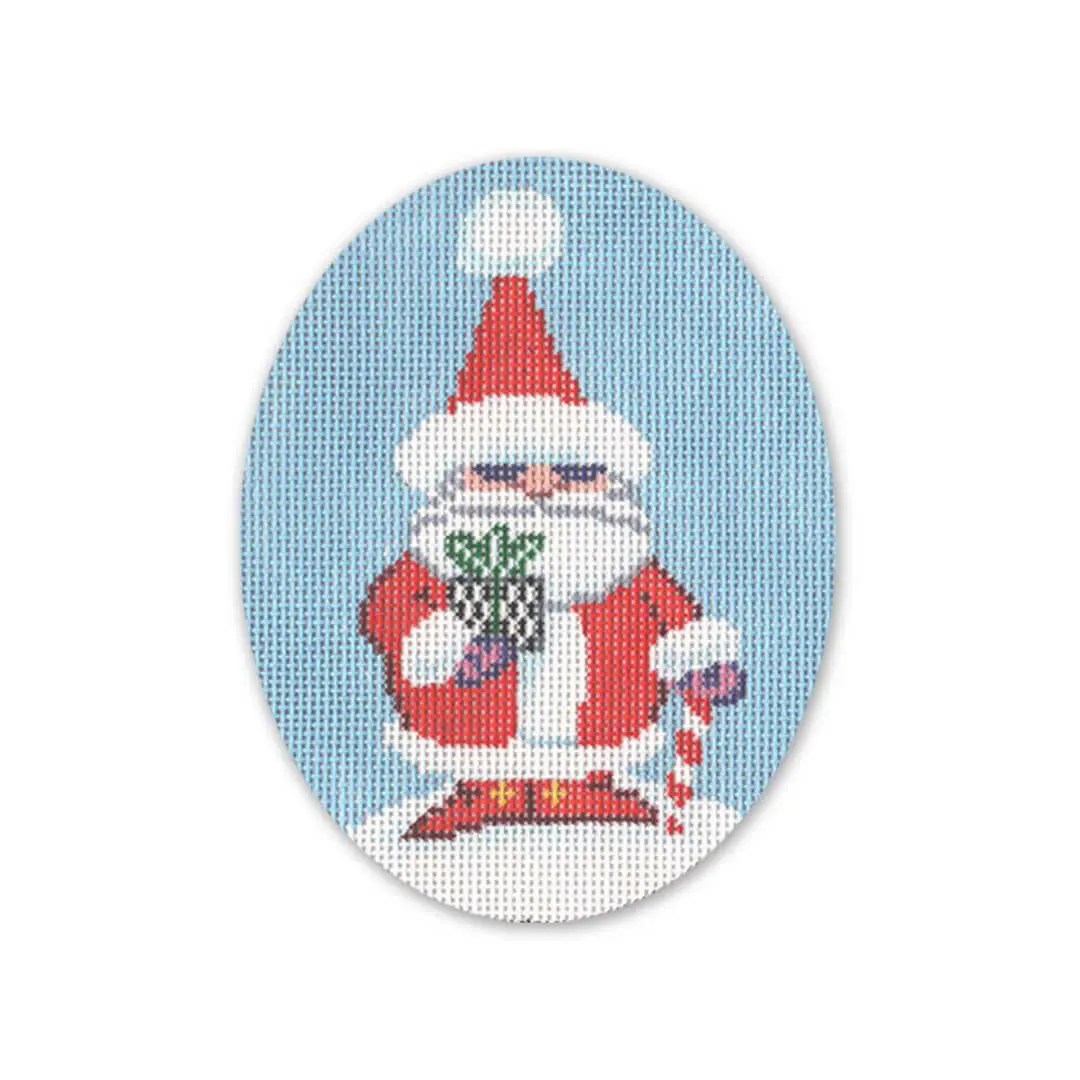 Cecilia Ohm Eriksen's unique portrayal of Santa Claus with a candy cane, painted on an oval canvas.